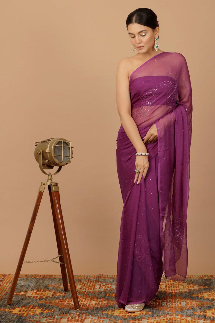 Purple Chiffon Hand Embroidered Mukaish Saree - Geroo Jaipur