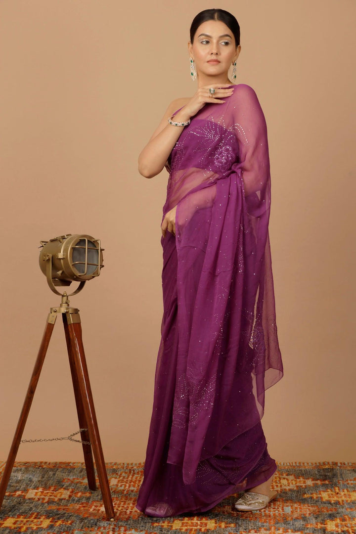 Purple Chiffon Hand Embroidered Mukaish Saree - Geroo Jaipur