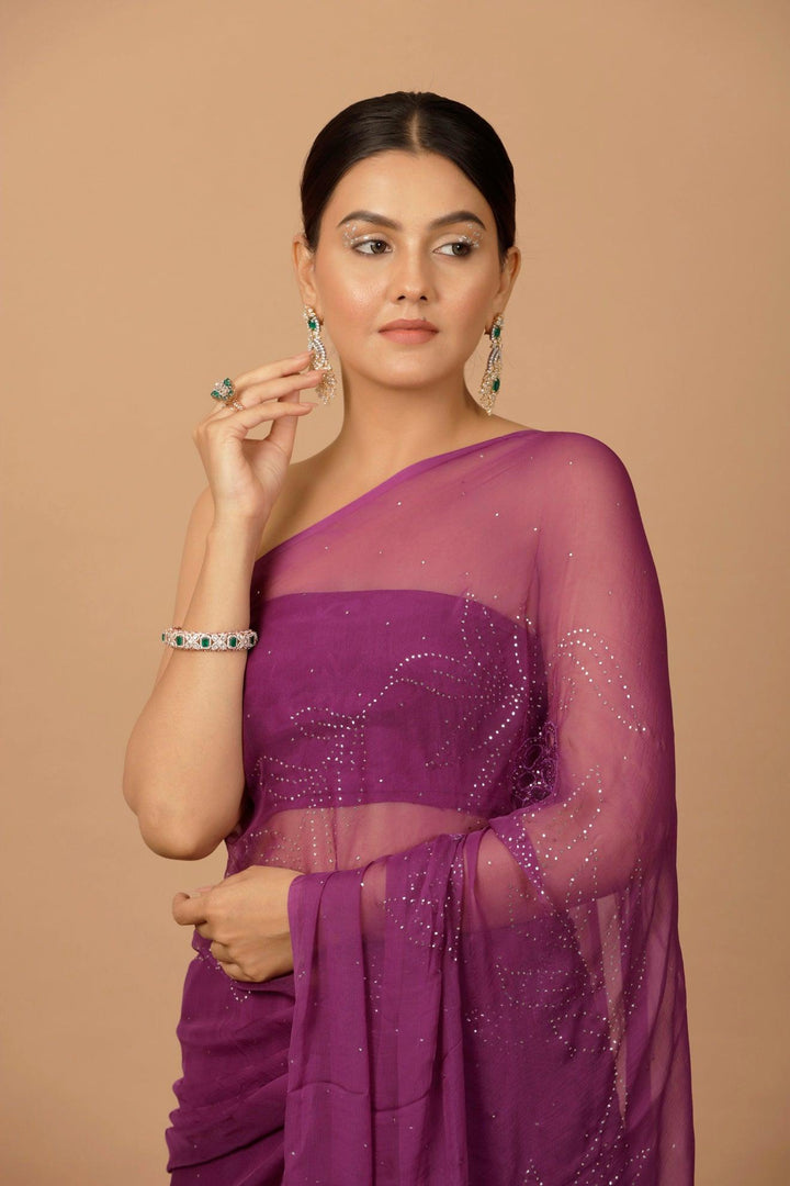 Purple Chiffon Hand Embroidered Mukaish Saree - Geroo Jaipur