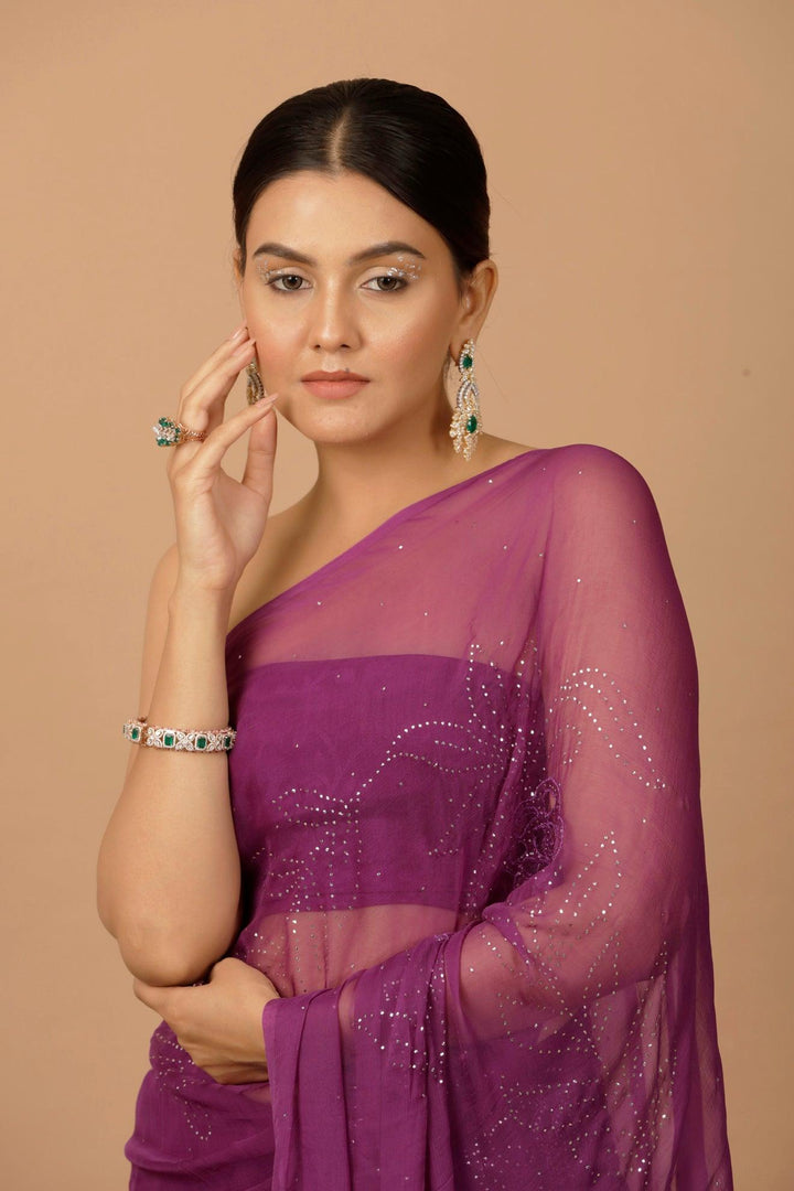 Purple Chiffon Hand Embroidered Mukaish Saree - Geroo Jaipur