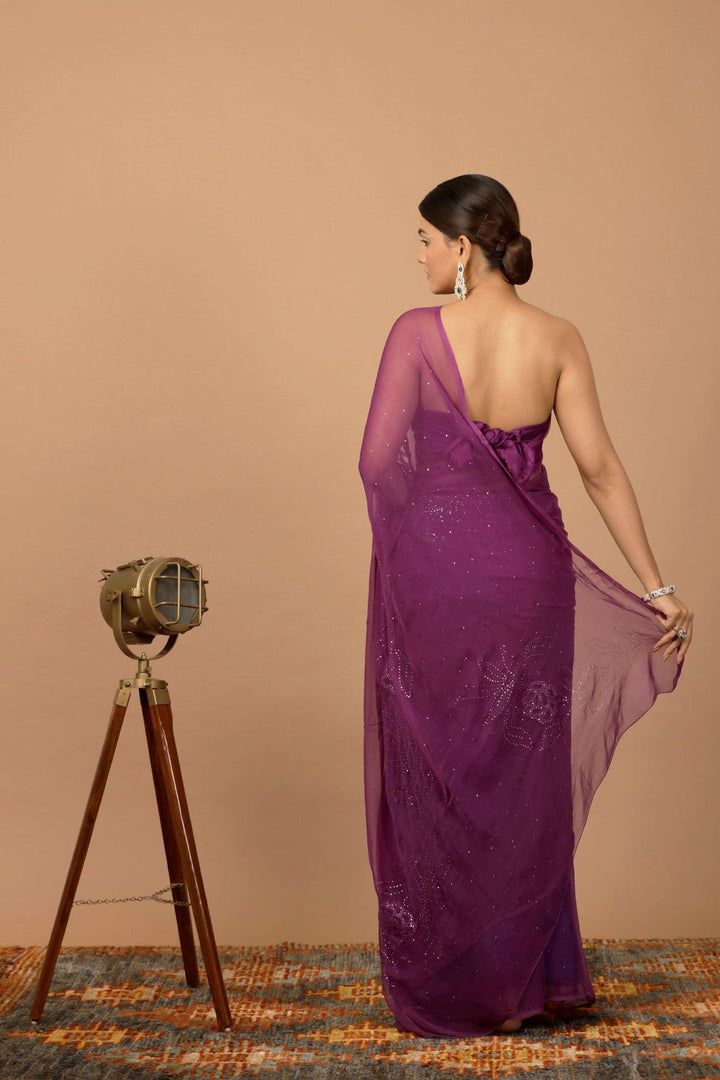 Purple Chiffon Hand Embroidered Mukaish Saree - Geroo Jaipur