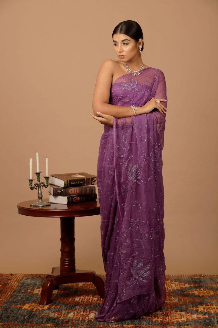 Purple Chiffon Hand Embroidered Sequins Jaal Saree - Geroo Jaipur