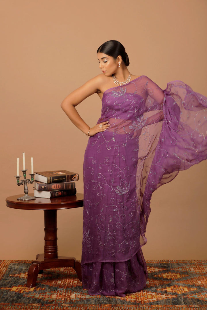 Purple Chiffon Hand Embroidered Sequins Jaal Saree - Geroo Jaipur