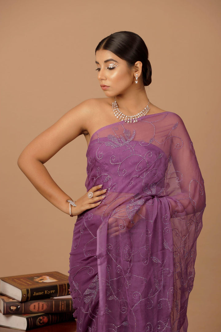 Purple Chiffon Hand Embroidered Sequins Jaal Saree - Geroo Jaipur