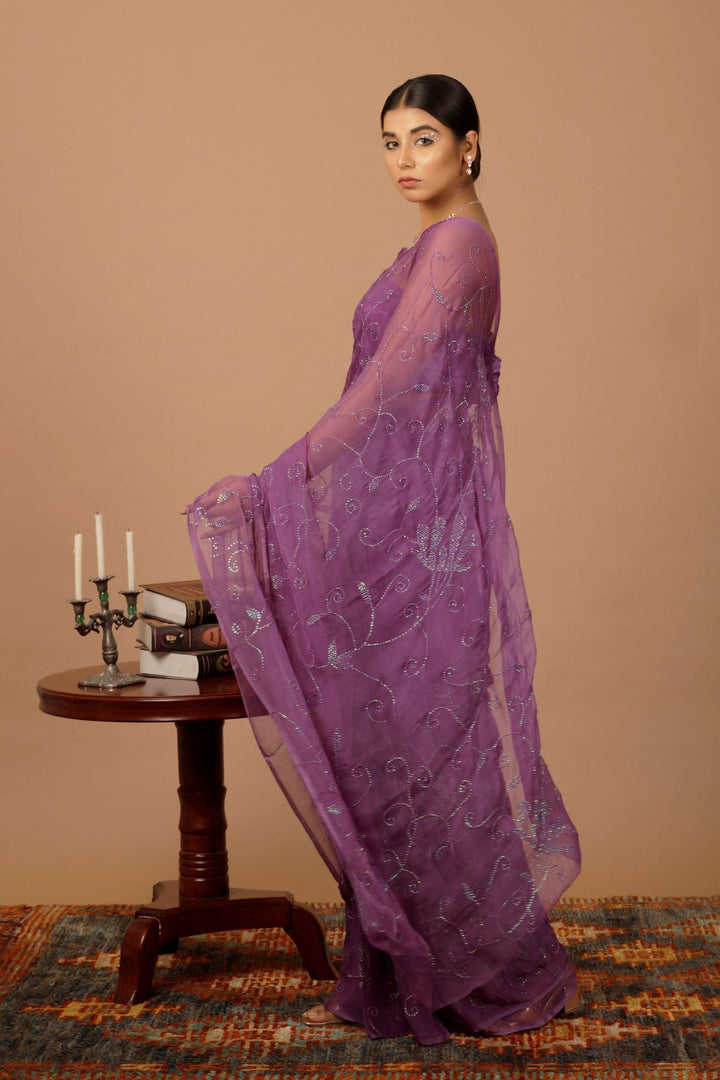 Purple Chiffon Hand Embroidered Sequins Jaal Saree - Geroo Jaipur