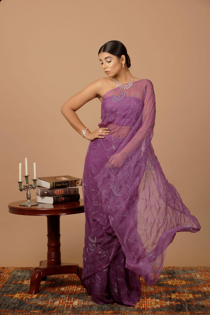 Purple Chiffon Hand Embroidered Sequins Jaal Saree - Geroo Jaipur