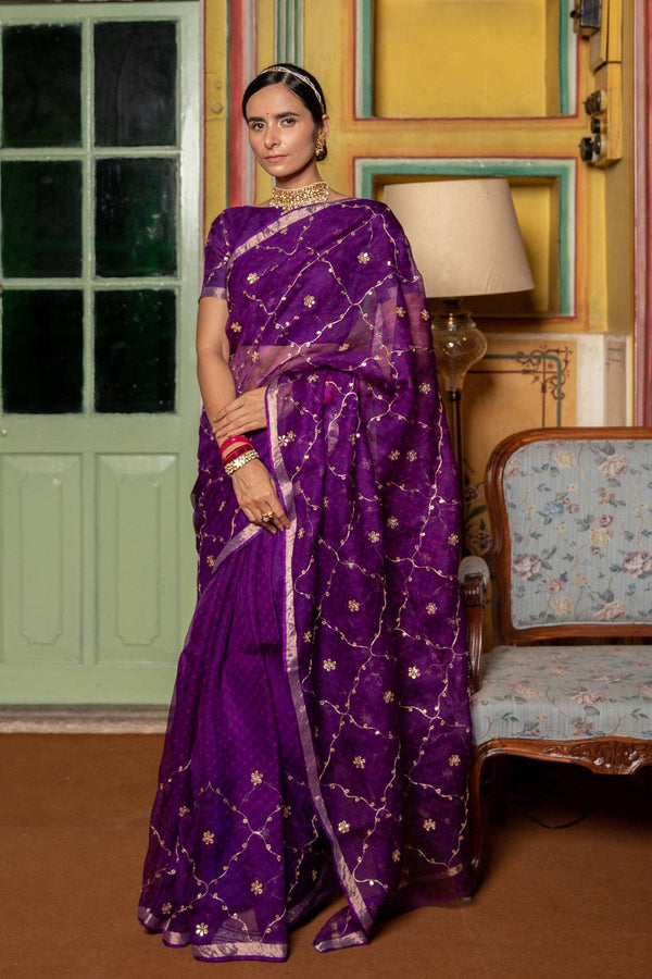 Purple Hand Embroidered Gota Patti Pure Kota Silk Mothra Saree - Geroo Jaipur