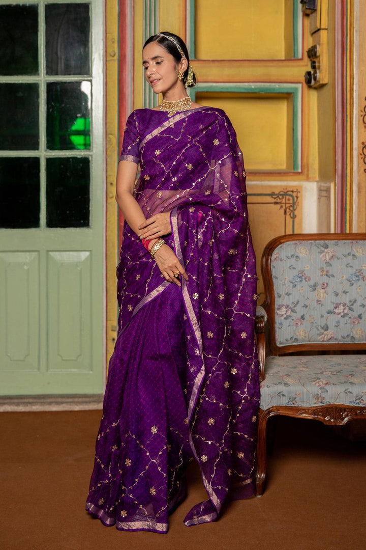 Purple Hand Embroidered Gota Patti Pure Kota Silk Mothra Saree - Geroo Jaipur