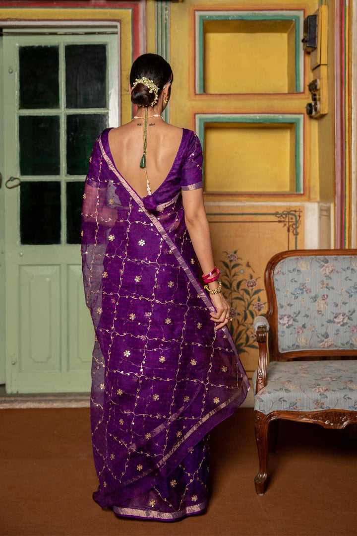 Purple Hand Embroidered Gota Patti Pure Kota Silk Mothra Saree - Geroo Jaipur