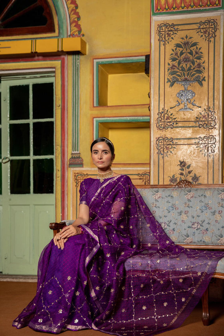 Purple Hand Embroidered Gota Patti Pure Kota Silk Mothra Saree - Geroo Jaipur