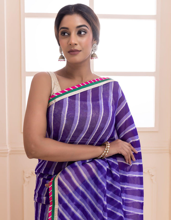 Purple handcrafted pure georgette leheriya saree - Geroo Jaipur