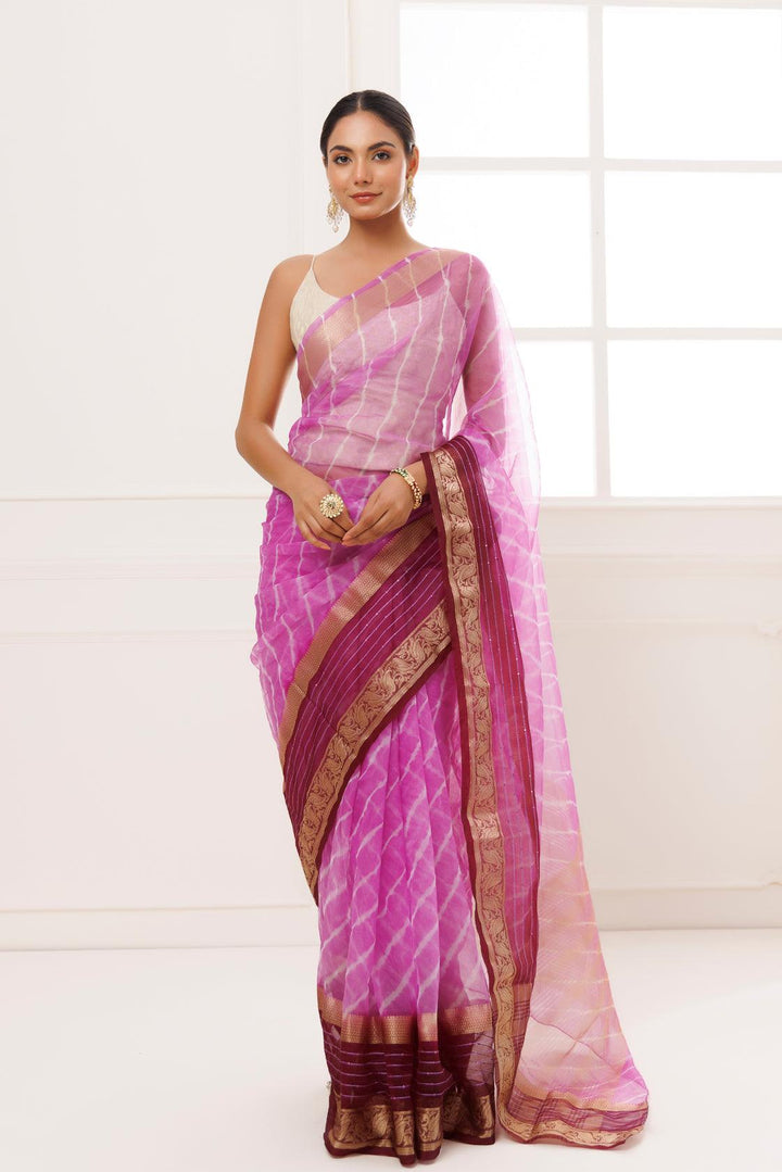 Purple Organza Zari Embellished Hand Dyed Leheriya Saree - Geroo Jaipur