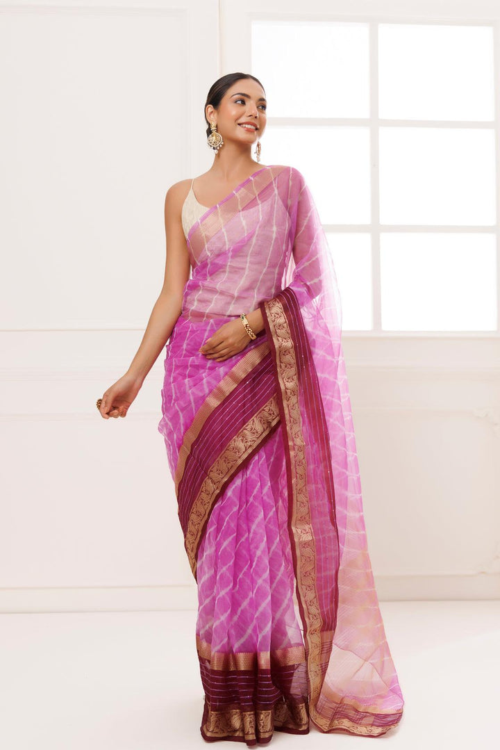 Purple Organza Zari Embellished Hand Dyed Leheriya Saree - Geroo Jaipur