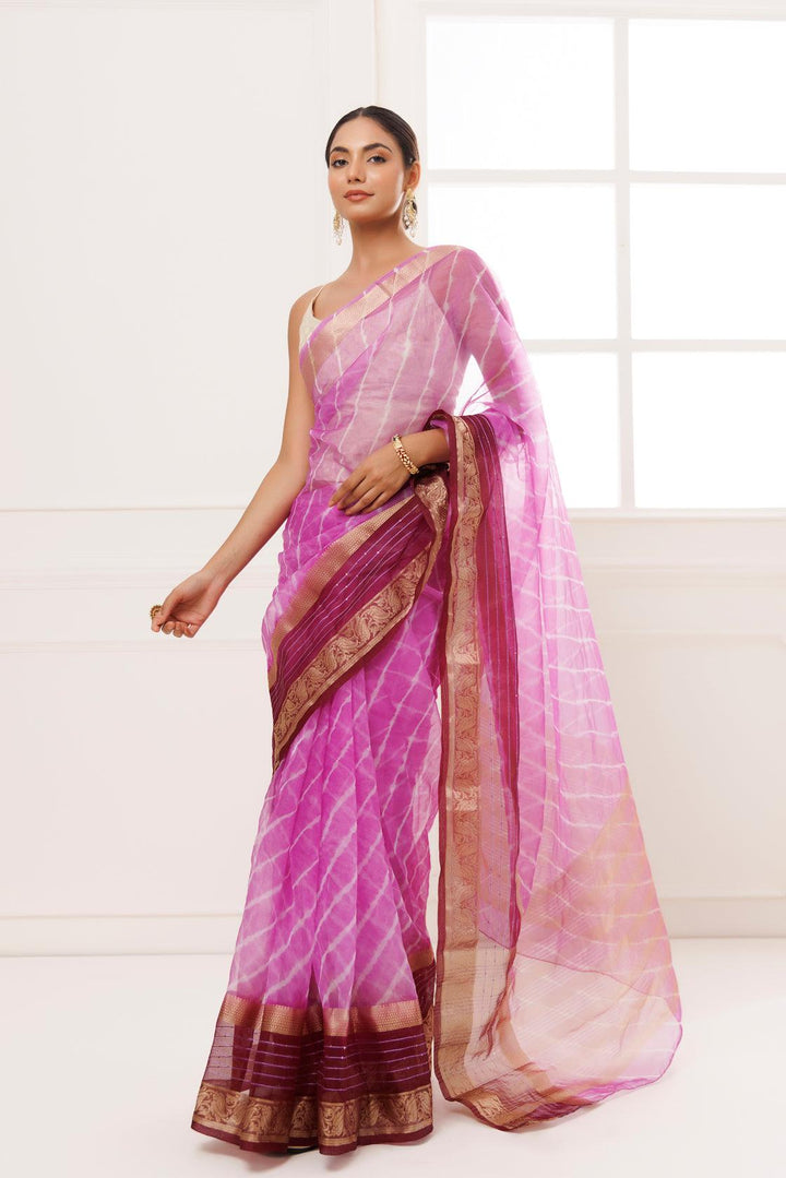 Purple Organza Zari Embellished Hand Dyed Leheriya Saree - Geroo Jaipur