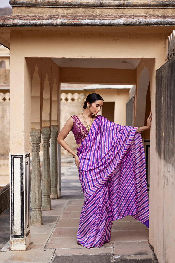 Purple Pure Tussar Silk Hand-Dyed Leheriya Saree - Geroo Jaipur