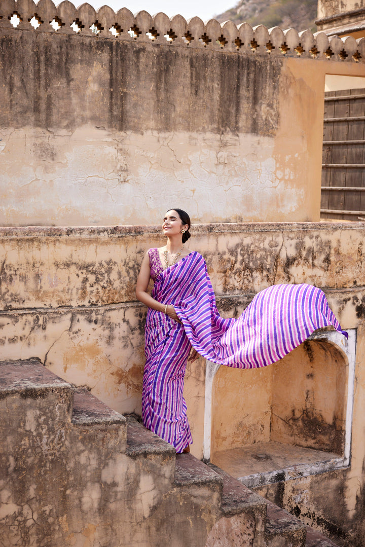 Purple Pure Tussar Silk Hand-Dyed Leheriya Saree - Geroo Jaipur