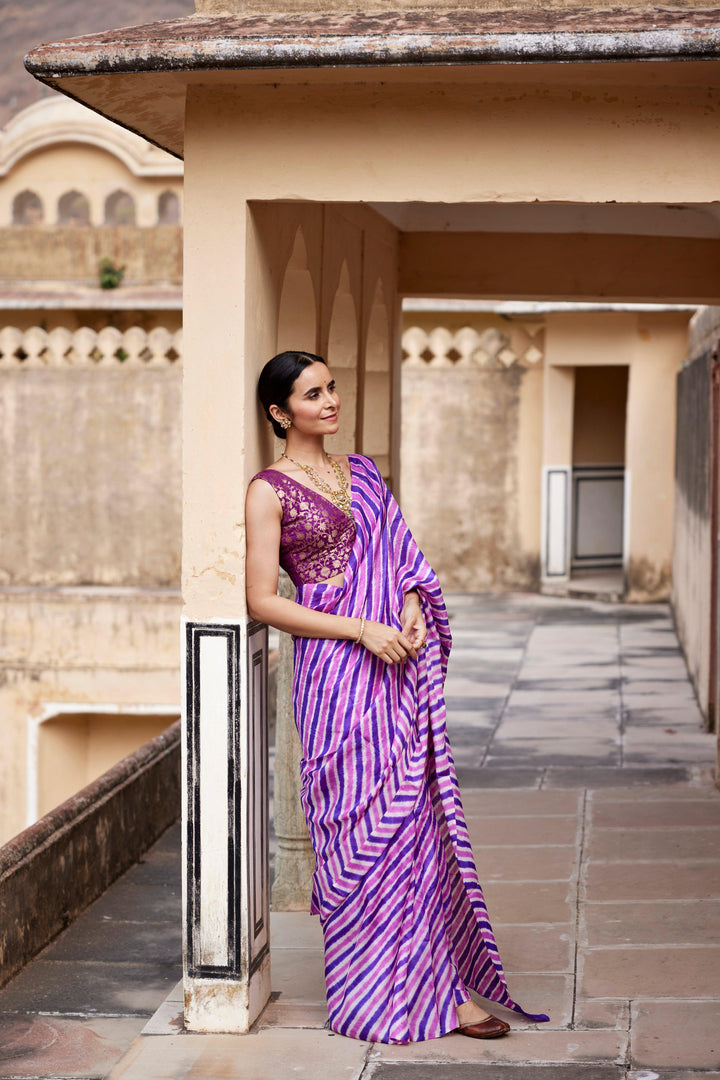 Purple Pure Tussar Silk Hand-Dyed Leheriya Saree - Geroo Jaipur