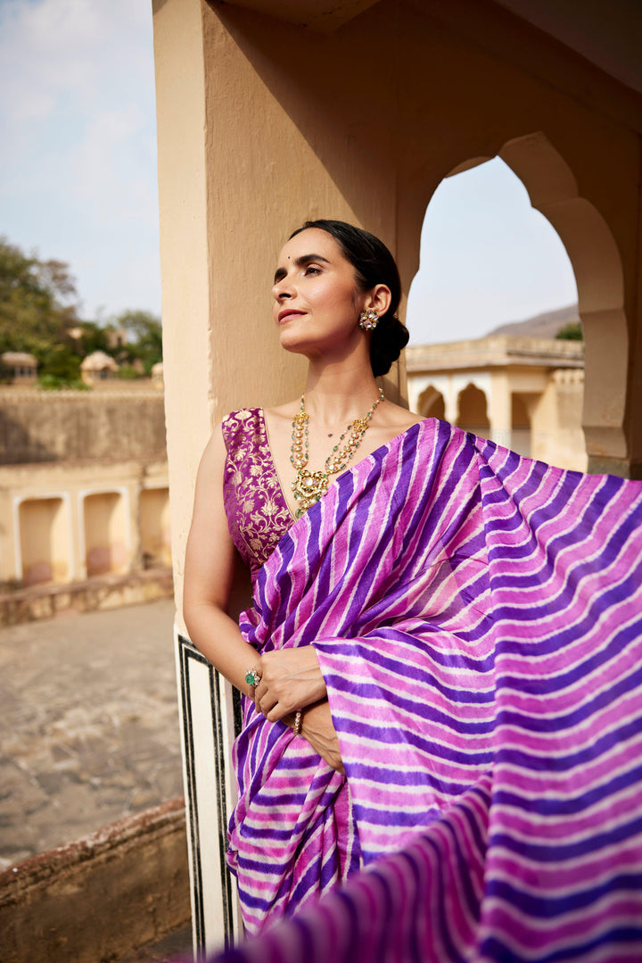 Purple Pure Tussar Silk Hand-Dyed Leheriya Saree - Geroo Jaipur