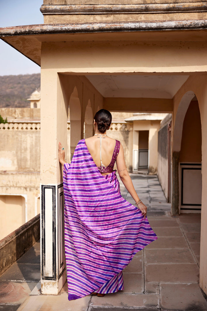 Purple Pure Tussar Silk Hand-Dyed Leheriya Saree - Geroo Jaipur