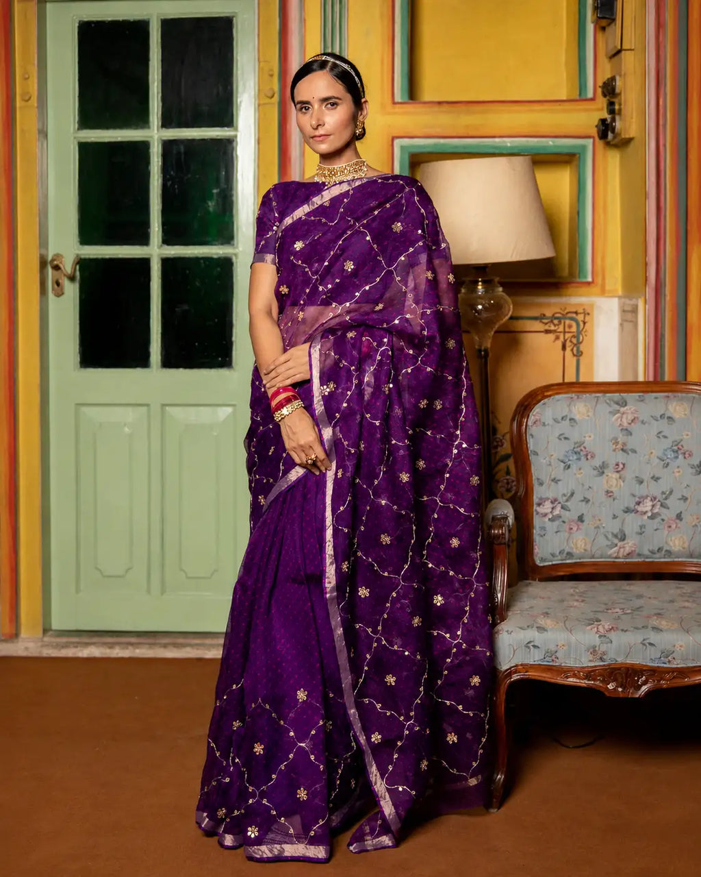 Purple Hand Embroidered Gota Patti Pure Kota Silk Saree