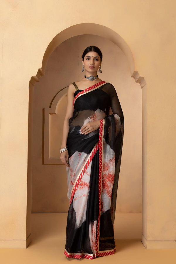 Red & Black Pure Kota Silk Hand Dyed Shibori Saree - Geroo Jaipur