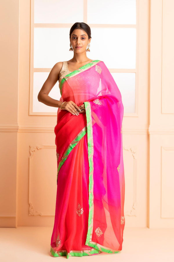 Red & Pink Gota Patti Handcrafted Pure Kota Silk Saree - Geroo Jaipur