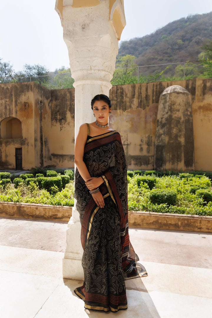 Red-Black Pure Kota Silk Hand Block Printed Saree - Geroo Jaipur