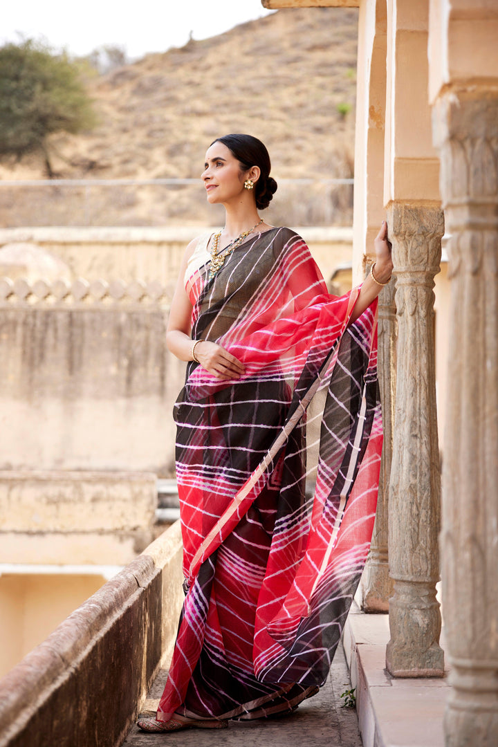 Red Black Pure Kota Silk Hand Dyed Leheriya Saree - Geroo Jaipur