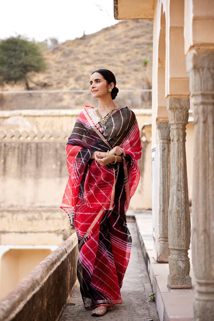 Red Black Pure Kota Silk Hand Dyed Leheriya Saree - Geroo Jaipur