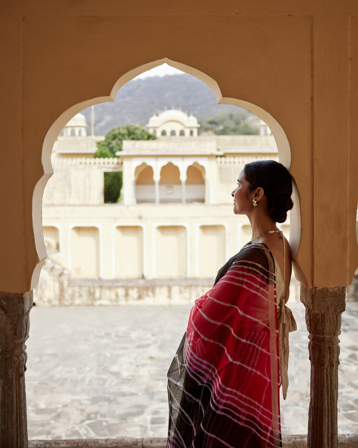 Red Black Pure Kota Silk Hand Dyed Leheriya Saree - Geroo Jaipur