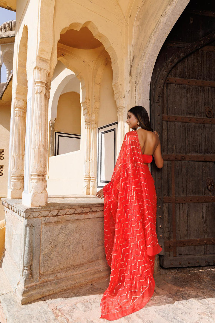 Red Chiffon Hand Embroidered Gota Saree - Geroo Jaipur