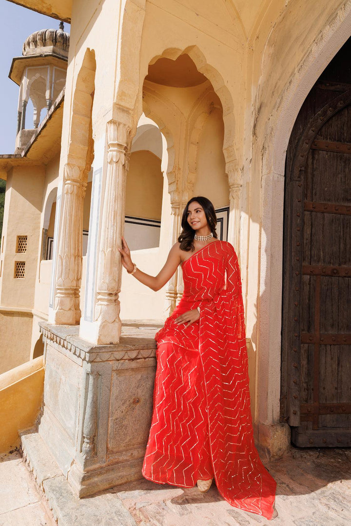 Red Chiffon Hand Embroidered Gota Saree - Geroo Jaipur