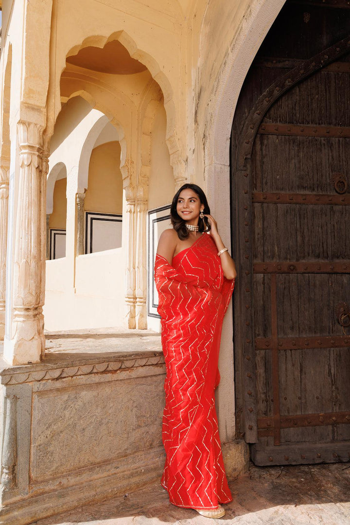 Red Chiffon Hand Embroidered Gota Saree - Geroo Jaipur