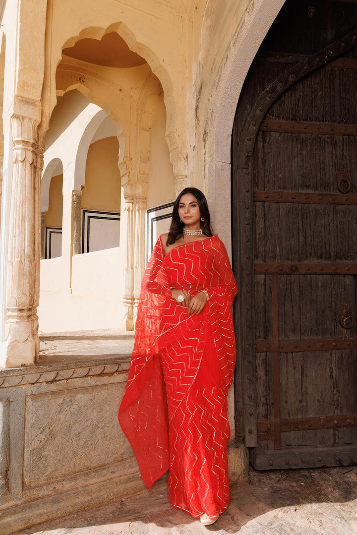 Red Chiffon Hand Embroidered Gota Saree - Geroo Jaipur