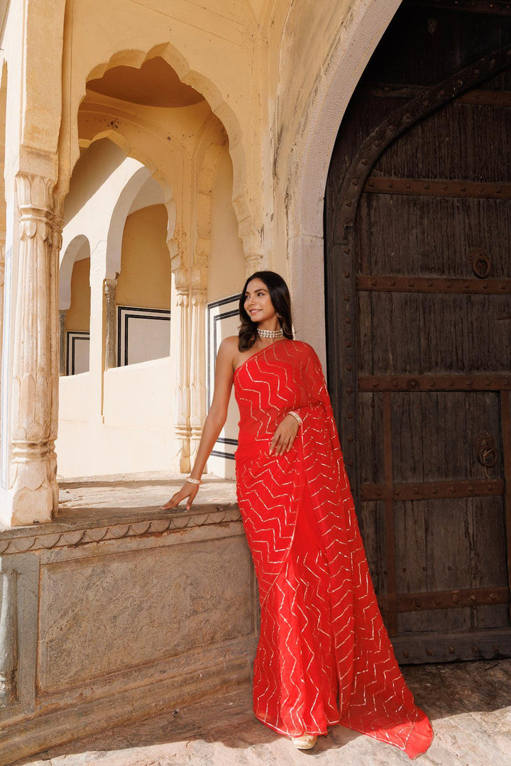 Red Chiffon Hand Embroidered Gota Saree - Geroo Jaipur