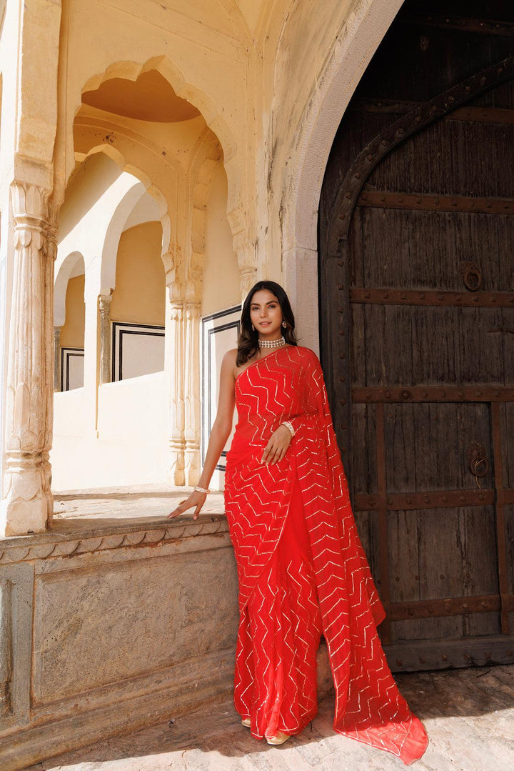 Red Chiffon Hand Embroidered Gota Saree - Geroo Jaipur