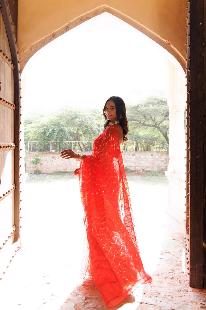 Red Chiffon Hand Embroidered Gota Saree - Geroo Jaipur