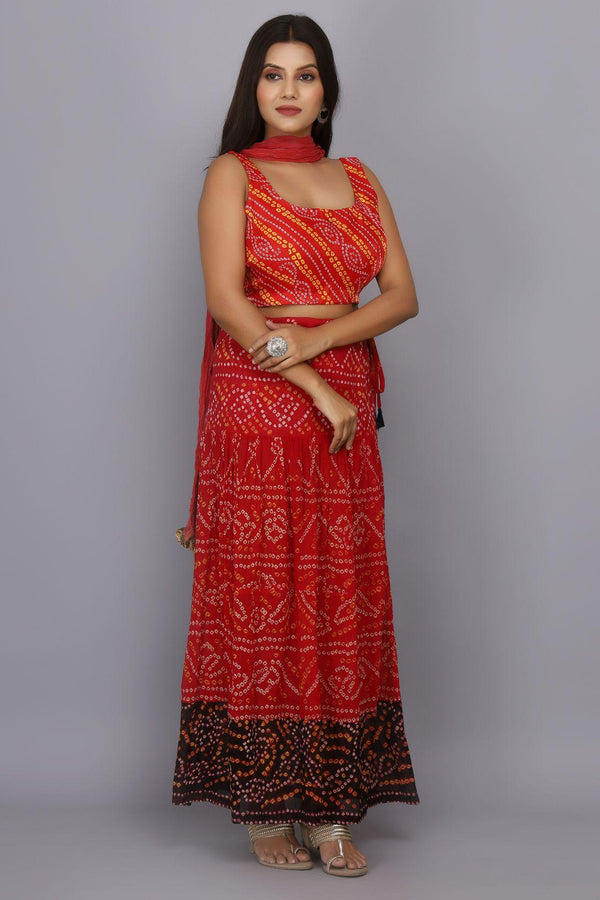 Red hand dyed bandhani pure cotton skirt with bandhani blouse - Geroo Jaipur