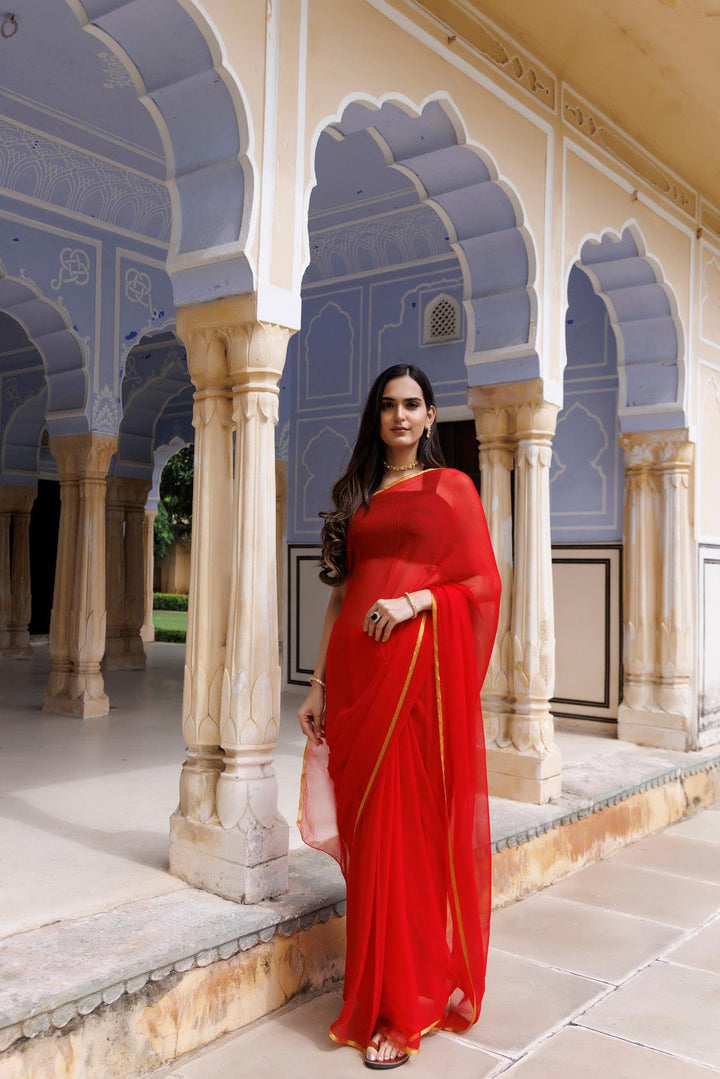 Red Hand Dyed Plain Chiffon Saree With Jacquard Blouse - Geroo Jaipur