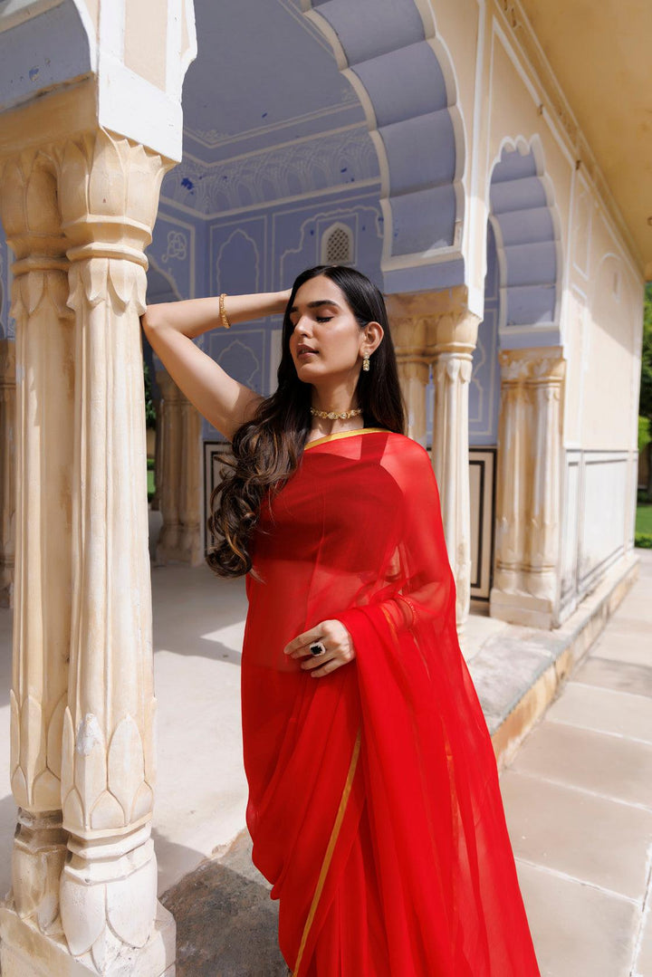 Red Hand Dyed Plain Chiffon Saree With Jacquard Blouse - Geroo Jaipur