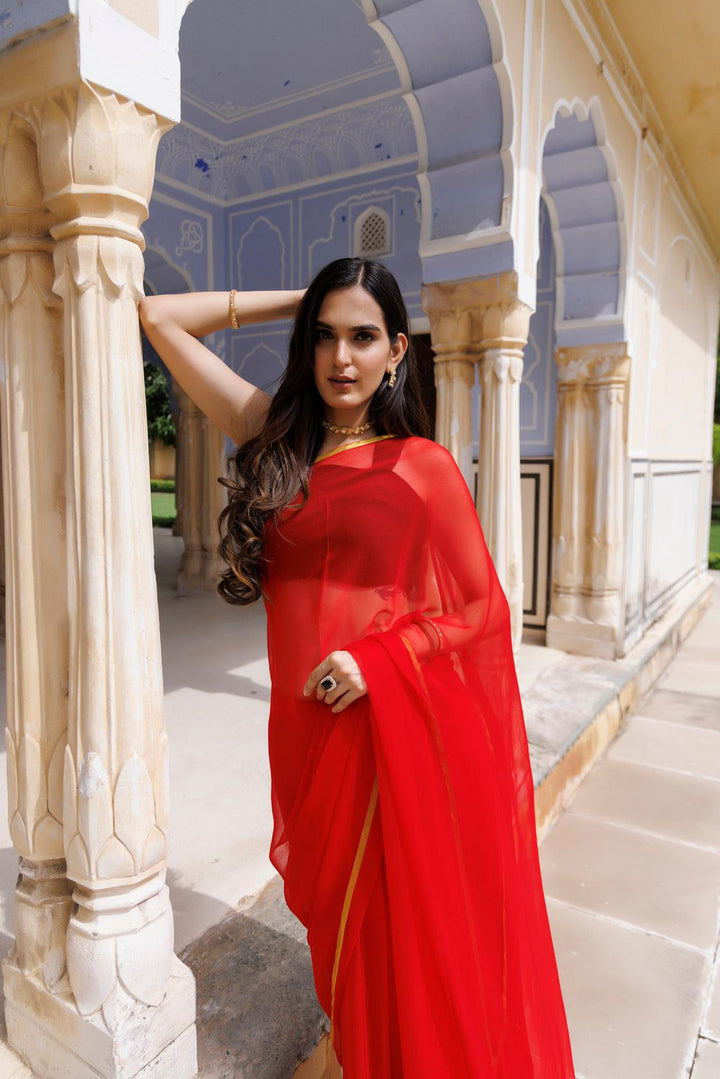 Red Hand Dyed Plain Chiffon Saree With Jacquard Blouse - Geroo Jaipur