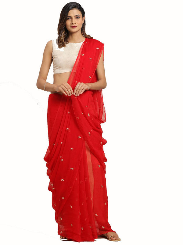 Red Hand Embroidered Chiffon Saree - Geroo Jaipur