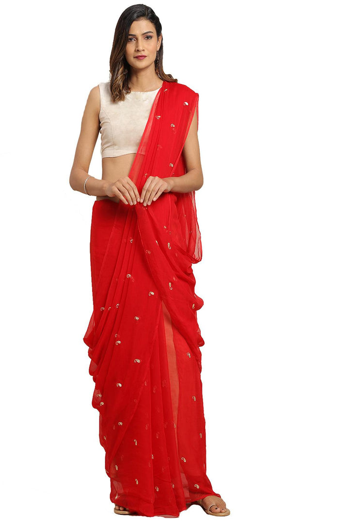 Red Hand Embroidered Chiffon Saree - Geroo Jaipur