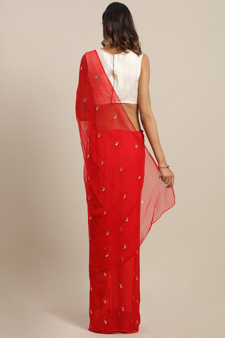 Red Hand Embroidered Chiffon Saree - Geroo Jaipur