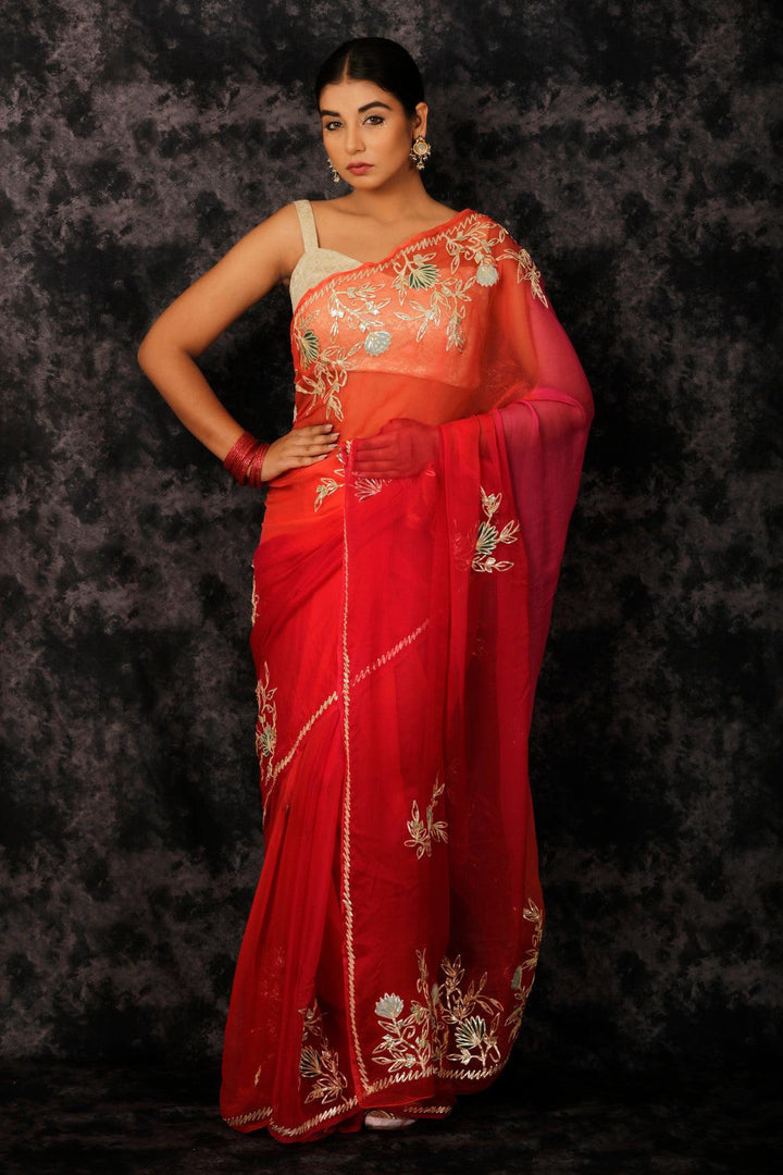 Red Hand Embroidered Gota Patti Chiffon Saree - Geroo Jaipur