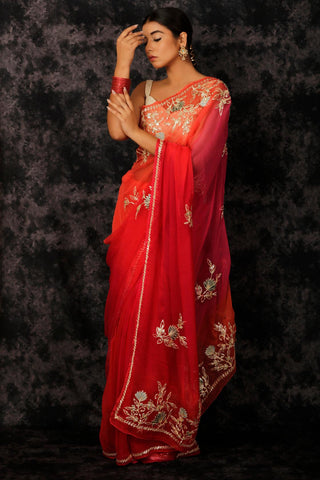 Red Hand Embroidered Gota Patti Chiffon Saree - Geroo Jaipur