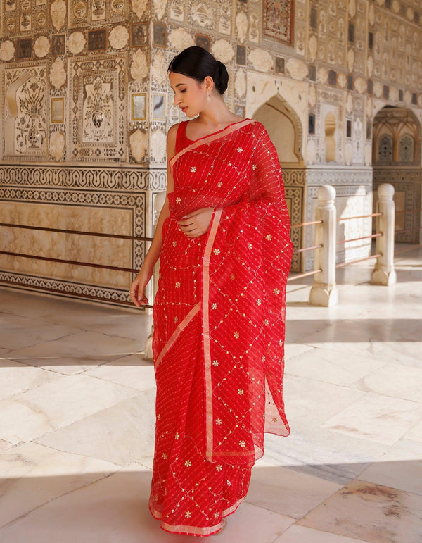 Red Hand Embroidered Gota Patti Pure Kota Silk Mothra Saree - Geroo Jaipur