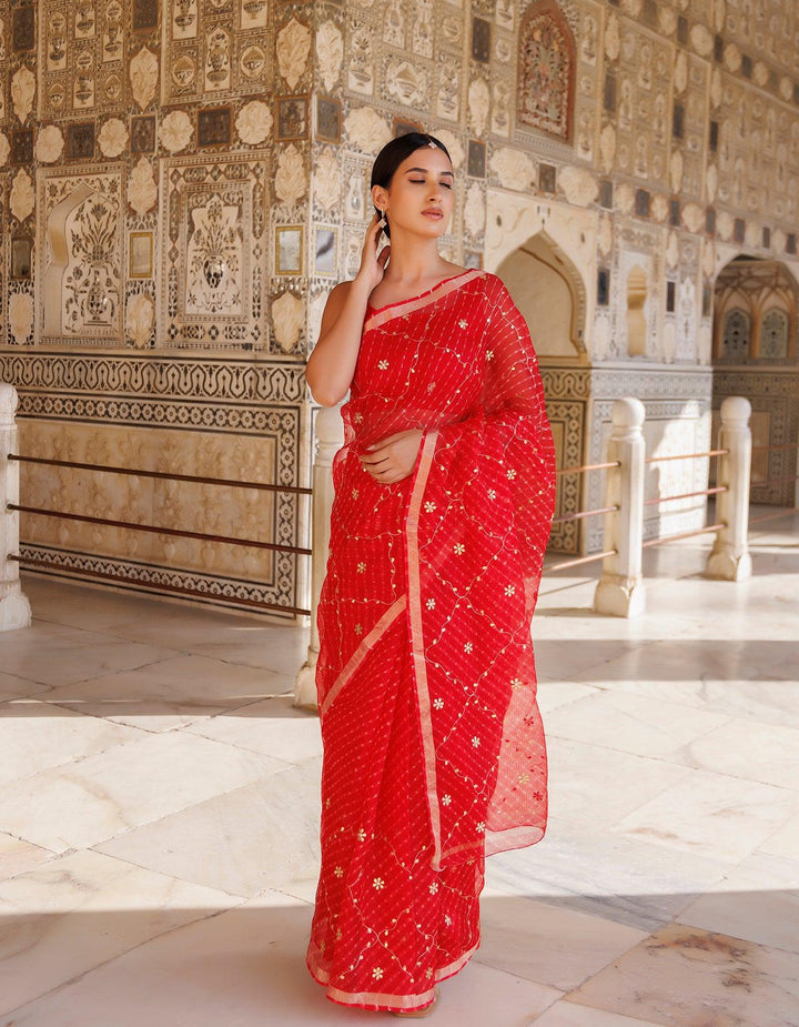 Red Hand Embroidered Gota Patti Pure Kota Silk Mothra Saree - Geroo Jaipur