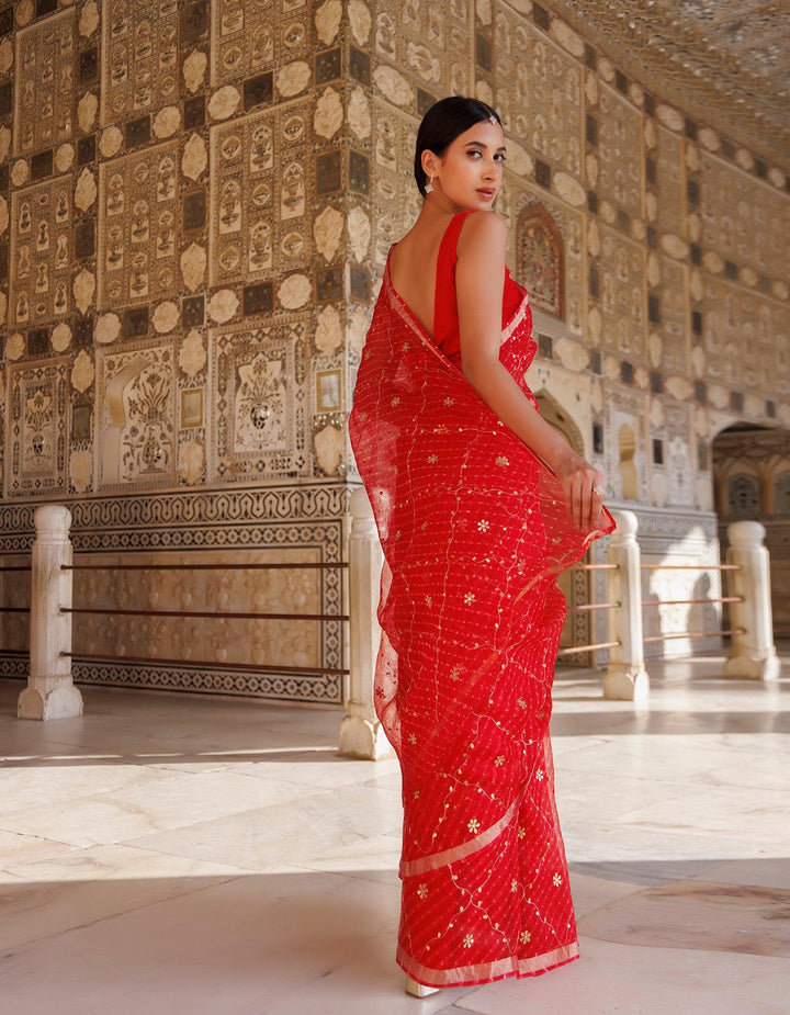 Red Hand Embroidered Gota Patti Pure Kota Silk Mothra Saree - Geroo Jaipur