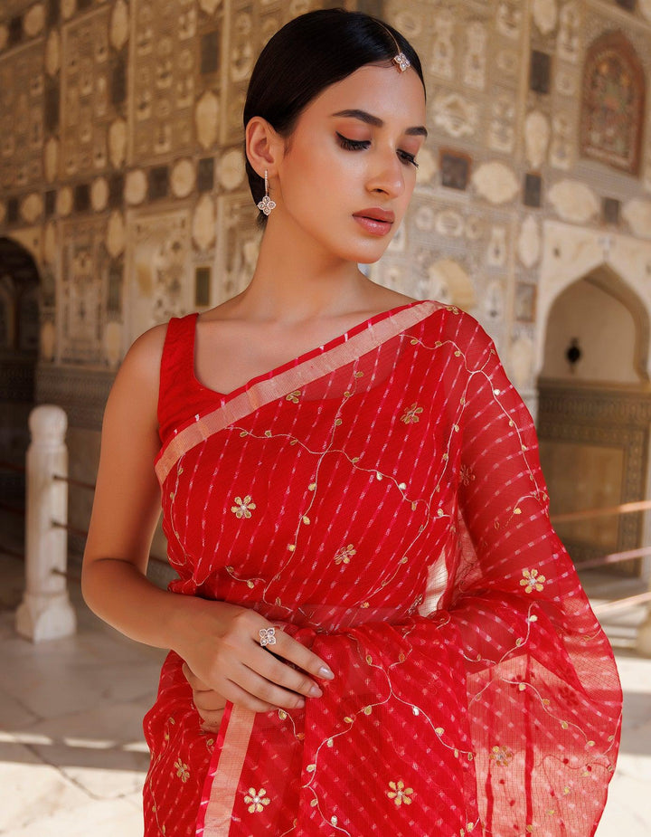 Red Hand Embroidered Gota Patti Pure Kota Silk Mothra Saree - Geroo Jaipur